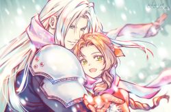 Rule 34 | 1boy, 1girl, aerith gainsborough, aqua eyes, armor, black jacket, blush, braid, brown hair, final fantasy, final fantasy vii, final fantasy vii remake, green eyes, jacket, kay-i, open mouth, pink scarf, red glove, red jacket, ribbon, scarf, sephiroth, shared clothes, shared scarf, shoulder armor, silver hair, snow, snowing, square enix, straight hair, wavy hair