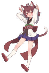 Rule 34 | 1girl, ahoge, animal ear fluff, animal ears, arms up, blush, brown hair, cat ears, cat tail, commentary request, full body, highres, japanese clothes, kimono, looking at viewer, obi, open mouth, purple skirt, red eyes, red footwear, sash, short hair, short kimono, simple background, skirt, socks, solo, sweatdrop, tail, touhoku kiritan, voiceroid, white background, white kimono, white socks, yamamomo (plank)