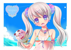 Rule 34 | 1girl, bikini, blue eyes, breasts, earrings, fang, food, heart, holding, holding food, ice cream, jewelry, long hair, looking at viewer, necklace, ocean, original, silver hair, small breasts, solo, summer, swimsuit, twintails, umetori uriri