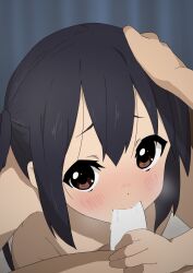 Rule 34 | 1boy, 1girl, black hair, blank censor, blush, brown eyes, censored, commentary request, commission, completely nude, fellatio, hair between eyes, hand on another&#039;s head, hetero, highres, k-on!, kicchi (tmgk), long hair, nakano azusa, nude, oral, penis, skeb commission, solo focus, twintails
