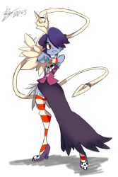 Rule 34 | 1girl, bad id, bad tumblr id, bare shoulders, bigdead, blue hair, blue skin, colored skin, crossed arms, detached collar, detached sleeves, flat chest, frown, full body, garter straps, hair over one eye, high heels, highres, leviathan (skullgirls), long hair, long legs, long skirt, red eyes, side ponytail, side slit, skirt, skull, skullgirls, solo, squigly (skullgirls), standing, stitched mouth, stitches, striped clothes, striped sleeves, striped thighhighs, thighhighs, zombie