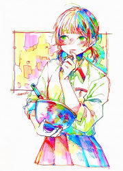 Rule 34 | 1girl, absurdres, bad id, bad pixiv id, blunt bangs, bowl, breast pocket, collared shirt, green eyes, hand up, highres, holding, holding bowl, long sleeves, original, pleated skirt, pocket, shadow, shirt, shirt tucked in, short twintails, signature, skirt, solo, traditional media, twintails, uniform, upper body, watanabe tomari