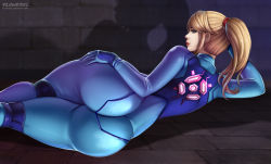 Rule 34 | 1girl, artist name, ass, blonde hair, blue bodysuit, blue eyes, bodysuit, closed mouth, commentary, flowerxl, from behind, impossible bodysuit, impossible clothes, lips, long hair, long sleeves, looking at viewer, looking back, lying, metroid, mole, mole under mouth, nintendo, on side, ponytail, samus aran, shadow, shiny clothes, signature, simple background, skin tight, smile, solo, zero suit