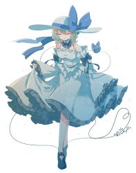 Rule 34 | 1girl, absurdres, alternate costume, artist name, black bow, black footwear, blue bow, bow, closed eyes, closed mouth, collar, commentary, dated, dress, dress bow, facing viewer, frilled dress, frilled sleeves, frills, full body, green hair, hat, hat bow, highres, komeiji koishi, long sleeves, mary janes, medium hair, off-shoulder dress, off shoulder, shoes, simple background, skirt hold, sleeves past fingers, sleeves past wrists, smile, solo, spaghetti strap, sun hat, tami (joemanyodw), third eye, touhou, white background, white collar, white dress, white hat, wide sleeves