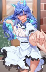 1girl @_@ absurdres ahoge alternate_costume animal_ears aqua_hair blue_eyes blue_hair blurry blurry_background blush bow colored_inner_hair crossed_bangs day dress fingernails frilled_dress frills hands_up heterochromia highres holding_hands horse_ears long_hair looking_at_viewer medium_dress multicolored_hair open_mouth outdoors pointing pov pov_hands purple_eyes sharp_teeth short_sleeves smile solo_focus tabunshake teeth twin_turbo_(umamusume) two-tone_hair umamusume upper_body very_long_hair white_dress