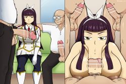 Rule 34 | 1girl, 3boys, bar censor, breasts, censored, clothes, completely nude, deepthroat, erection, fairy tail, fellatio, hairband, imminent penetration, kagura mikazuchi, large breasts, large penis, long hair, looking at viewer, male pubic hair, multiple boys, noodlekun, nude, old, old man, oral, penis, pov, pubic hair, purple hair, sitting, testicles, tongue, tongue out