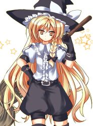 Rule 34 | 1girl, alternate costume, bad id, bad pixiv id, belt, black gloves, blonde hair, braid, broom, female focus, fuepo, gloves, hair ribbon, hand on own hip, hat, highres, hip focus, kirisame marisa, long hair, ribbon, shorts, simple background, solo, star (symbol), thighhighs, touhou, very long hair, witch, witch hat, yellow eyes, zettai ryouiki