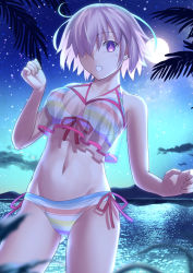 Rule 34 | 1girl, bad id, bad pixiv id, bare shoulders, bikini, breasts, fate/grand order, fate (series), full moon, hair over one eye, large breasts, light purple hair, looking at viewer, mash kyrielight, mash kyrielight (swimsuit of perpetual summer ver.02), mishiro (ixtlolton), moon, navel, night, night sky, ocean, official alternate costume, open mouth, purple eyes, rainbow bikini, see-through, short hair, sky, striped bikini, striped clothes, swimsuit, thighs