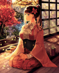 Rule 34 | 10s, 1girl, alti meizi, autumn leaves, breasts, brown eyes, brown hair, cup, full body, ginkgo leaf, green tea, highres, indoors, koutetsujou no kabaneri, leaf, looking away, ponytail, revision, seiza, sitting, sliding doors, solo, steam, stone lantern, tea, tree, v arms, water, yomogawa ayame, yunomi
