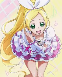Rule 34 | 10s, 1girl, blonde hair, brooch, cure rhythm, flat sign, frilled skirt, frills, green eyes, hairband, haruyama kazunori, jewelry, long hair, looking at viewer, magical girl, minamino kanade, musical note, open mouth, ponytail, precure, quaver, skirt, solo, suite precure