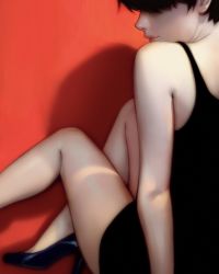 Rule 34 | 1girl, black dress, black hair, dress, from behind, hair over face, high heels, highres, ilya kuvshinov, lips, original, red background, shadow, short hair, sitting, solo