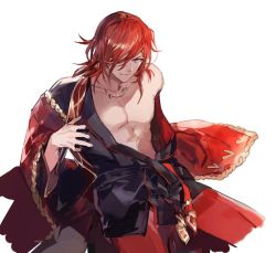 Rule 34 | 1boy, granblue fantasy, hair over one eye, itefu, jewelry, looking at viewer, male focus, necklace, off shoulder, pectorals, percival (granblue fantasy), red hair, robe, simple background, sitting, solo, undressing, white background