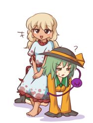 Rule 34 | +++, 2girls, :d, ?, all fours, barefoot, blonde hair, blouse, blush stickers, bow, brown eyes, dark-skinned female, dark skin, hands on lap, hat, hat bow, hat ribbon, komeiji koishi, long earlobes, long hair, long skirt, long sleeves, looking at viewer, medium hair, multiple girls, open mouth, polka dot, ribbon, riding, shirt, short sleeves, sitting, sitting on person, skirt, skirt set, sleeves past wrists, smile, sweat, touhou, v-shaped eyebrows, v arms, wily beast and weakest creature, wool (miwol)