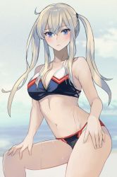 Rule 34 | 1girl, bikini, black bikini, blonde hair, blush, breasts, cleavage, closed mouth, graf zeppelin (kancolle), hair between eyes, hand on own knee, highres, kantai collection, kasumi (skchkko), large breasts, long hair, looking at viewer, multicolored bikini, multicolored clothes, navel, solo, swimsuit, twintails, wet
