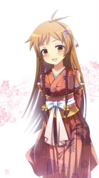 Rule 34 | 1girl, absurdres, ahoge, blush, braid, brown hair, child, female focus, highres, japanese clothes, kimono, kuro-mai, long hair, ribbon, smile, solo, standing, traditional clothes, white background, yellow eyes