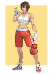 Rule 34 | 1girl, abs, absurdres, artist name, bandages, blue eyes, border, boxing gloves, brown hair, cirenk, commission, dated, highres, looking at viewer, muscular, muscular female, original, red shorts, short hair, shorts, solo, sports bra, sportswear, sweat, white border, white sports bra, yellow background