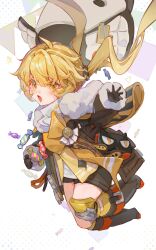 Rule 34 | 1girl, absurdres, black gloves, black shorts, blonde hair, blush, brown coat, candy, coat, food, fur-trimmed coat, fur trim, gloves, highres, honkai: star rail, honkai (series), hook (honkai: star rail), long hair, miermere, open mouth, shorts, solo, twintails, yellow eyes