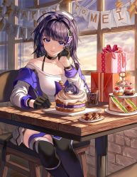 Rule 34 | 1girl, birthday cake, birthday party, black footwear, black gloves, blouse, blue sky, boots, cake, character name, cinnamon roll, closed mouth, cloud, cloudy sky, cookie, cup, cupcake, drinking glass, drinking straw, food, gift, glass, gloves, hair intakes, happy birthday, highres, honkai (series), honkai impact 3rd, jacket, juice, legs together, long hair, long sleeves, looking at viewer, ponytail, purple eyes, purple hair, raiden mei, raiden mei (striker fulminata), shirt, silence girl, sitting, sky, smile, solo, table, tart (food), thigh boots, thighhighs, wafer stick, white jacket, white shirt, window, wooden table