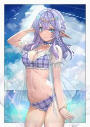 Rule 34 | 1girl, absurdres, arm at side, bikini, blue eyes, blue sky, border, bracelet, braid, braided sidelock, breasts, cleavage, cloud, cloudy sky, collarbone, commission, cowboy shot, cowlick, day, diadem, elf, groin, hair between eyes, hand in own hair, highres, horizon, ichihachiyon, jewelry, large breasts, legs apart, long hair, mountainous horizon, open clothes, open shirt, original, outdoors, outside border, pixiv commission, plaid, plaid bikini, pointy ears, purple bikini, purple hair, see-through, see-through shirt, sidelocks, silhouette, sky, solo, stomach, straight hair, swimsuit, thick thighs, thighs, virtual youtuber, white border