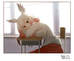 Rule 34 | 10s, 1girl, 2017, artist name, bent over, bird wings, blush, breasts, chair, covered mouth, crossed arms, dated, desk, eyebrows, eyelashes, facing away, feathered wings, fur trim, gloves, gradient hair, head wings, indoors, japanese crested ibis (kemono friends), kemono friends, leaning, leaning forward, light, long hair, long sleeves, looking at viewer, miniskirt, multicolored hair, pantyhose, pink ribbon, pleated skirt, red gloves, red hair, red pantyhose, red skirt, ribbon, roonhee, school chair, school desk, shirt, sidelocks, sitting, skirt, small breasts, solo, tareme, two-tone hair, upper body, white hair, white shirt, white wings, window, wings, yellow eyes