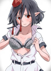 Rule 34 | 1girl, bad id, bad pixiv id, black hair, blouse, blush, bra, breasts, breasts out, feathered wings, grey bra, hat, large breasts, looking at viewer, open clothes, open shirt, pointy ears, red eyes, shameimaru aya, shirt, short hair, short sleeves, solo, sweat, tokin hat, touhou, toujou (toujou ramen), underwear, white shirt, wings