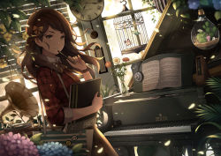 Rule 34 | 1girl, akg, akg k-series headphones, bag, birdcage, black skirt, blouse, bow, brown eyes, brown hair, bug, butterfly, cactus, cage, clock, collared shirt, dutch angle, flower, from side, grand piano, hair bow, hair ornament, headphones, highres, holding, holding pencil, hydrangea, insect, instrument, liquid-in-glass thermometer, megaphone, metronome, neck ribbon, ng (chaoschyan), original, paintbrush, parted lips, pencil, piano, plaid, plaid shirt, plant, pleated skirt, red shirt, ribbon, roman numeral, ruler, sheet music, shirt, sketchbook, skirt, solo, sparkle, swept bangs, thermometer, vase, vines, white shirt, wind, window, window blinds, wing collar, x hair ornament, yellow bow, yellow ribbon