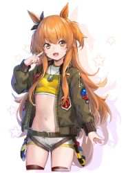 Rule 34 | 1girl, :d, absurdres, animal ears, belt, breasts, brown thighhighs, colored shadow, crop top, cropped legs, deluxe&lt;&lt;&lt;, dog tags, green jacket, hand up, highres, horse ears, horse girl, horse tail, index finger raised, jacket, long hair, long sleeves, looking at viewer, mayano top gun (umamusume), micro shorts, midriff, navel, open clothes, open jacket, open mouth, orange eyes, orange hair, shadow, shirt, short shorts, shorts, simple background, small breasts, smile, solo, standing, stomach, tail, thighhighs, thighs, two side up, umamusume, very long hair, white background, white shorts, yellow shirt
