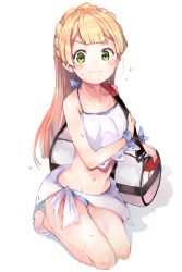 Rule 34 | 1girl, absurdres, bag, bikini, blonde hair, blush, braid, closed mouth, collarbone, creatures (company), duffel bag, game freak, green eyes, halterneck, highres, lillie (pokemon), long hair, looking at viewer, navel, nintendo, pokemon, pokemon (anime), pokemon sm, pokemon sm (anime), ranf, sandals, sarong, simple background, sketch, solo, squatting, swimsuit, very long hair, white background, white bikini, white footwear