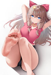 Rule 34 | 1girl, a-soul, barefoot, blouse, blue eyes, diana (a-soul), feet, foot focus, foreshortening, highres, light brown hair, long hair, looking at viewer, pink shirt, shirt, soles, sweat, thighs, toes, virtual youtuber, white background