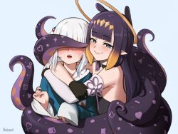 2girls black_dress black_gloves blue_eyes blue_hair blue_hoodie blush closed_mouth commentary commission dreizerel dress english_commentary gawr_gura gawr_gura_(1st_costume) gloves gradient_hair hair_ornament halo hololive hololive_english hood hoodie hug long_hair mole mole_under_eye multicolored_hair multiple_girls ninomae_ina&#039;nis ninomae_ina&#039;nis_(1st_costume) open_mouth orange_hair pointy_ears purple_hair shark_girl shark_hair_ornament sharp_teeth single_sleeve smile streaked_hair sweatdrop teeth tentacle_hair tentacles vgen_commission virtual_youtuber white_hair white_sleeves yellow_halo yuri