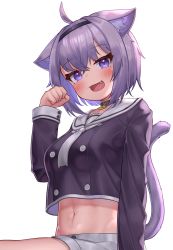 Rule 34 | 1girl, absurdres, ahoge, animal ears, black collar, black hairband, cat ears, cat tail, collar, commentary, deaver, fang, hairband, hand up, highres, hololive, long sleeves, midriff, navel, nekomata okayu, nekomata okayu (casual), open mouth, paw pose, purple eyes, purple hair, short hair, shorts, simple background, smile, solo, tail, virtual youtuber, white background, white shorts