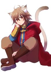 Rule 34 | 1boy, absurdres, animal ear fluff, animal ears, blue shirt, boots, brown eyes, brown footwear, brown hair, brown pants, cat boy, cat ears, cat tail, cheshire (ragnarok online), cloak, closed mouth, commentary request, full body, hair between eyes, head rest, highres, long sleeves, looking at viewer, male focus, manoji, pants, pants tucked in, ragnarok online, red cloak, shirt, short hair, simple background, sitting, solo, tail, white background