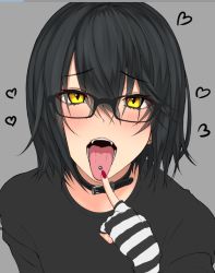 Rule 34 | 1boy, alternate costume, artist request, black hair, blush, collar, commentary request, crow (u9d09), fangs, fingernails, glasses, grey background, hair between eyes, heart, karasu (jjwh2832), long fingernails, looking at viewer, mashiro meme, nail polish, nijisanji, open mouth, oral invitation, red nails, simple background, slit pupils, solo, teeth, tongue, upper body, virtual youtuber, yellow eyes