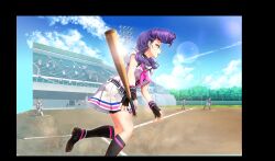 6+girls baseball baseball_glove baseball_stadium baseball_uniform belt belt_buckle bike_shorts_under_skirt black_belt black_border black_footwear black_gloves black_hat black_shorts black_socks black_undershirt blonde_hair border buckle cinderella_series cloud contrail crowd dust_cloud fingerless_gloves from_behind gakuseibou game_cg glint gloves hachigatsu_no_cinderella_nine hat highres iwaki_yoshimi izumida_kyouka lens_flare long_hair looking_ahead low_twintails metal_baseball_bat multiple_girls neckerchief non-web_source nozaki_yuuki official_art on_one_knee orange_eyes outdoors pink_neckerchief playing_sports pleated_skirt pompadour purple_hair running shirt shirt_under_shirt short_sleeves shorts skirt sky socks solo_focus sportswear striped_belt striped_clothes striped_shirt taketomi_aya twintails umpire vertical-striped_clothes vertical-striped_shirt wristband