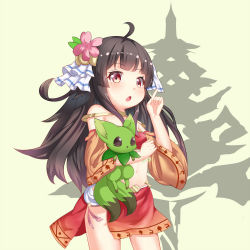 Rule 34 | 1girl, ahoge, bandeau, bare shoulders, blush, breasts, brown hair, chihong de tianshi, commentary request, cowboy shot, creature, flower, green background, hair flower, hair ornament, hair ribbon, highres, index finger raised, long hair, long sleeves, looking at viewer, multiple tails, navel, open mouth, original, pink flower, red bandeau, red eyes, red skirt, ribbon, skirt, small breasts, solo, tail, two tails, very long hair, white ribbon, wide sleeves