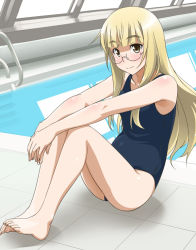 Rule 34 | 1girl, barefoot, blonde hair, blush, brown eyes, eyebrows, feet, female focus, glasses, indoors, long hair, looking at viewer, one-piece swimsuit, perrine h. clostermann, pool, pool ladder, poolside, rei no pool, sitting, smile, solo, strike witches, swimsuit, water, world witches series, youkan