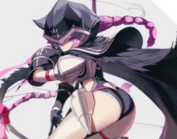 Rule 34 | 1girl, animal hood, ass, black cape, black capelet, black cloak, black leotard, cape, capelet, cloak, fate/grand order, fate (series), hood, hood up, hooded capelet, hooded cloak, leotard, long braid, long hair, medusa (fate), medusa (lancer) (fate), medusa (rider) (fate), pro-p, purple eyes, purple hair, rider, scythe, thighhighs