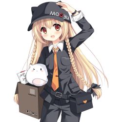 Rule 34 | 1girl, :d, animal ears, animal hat, arm up, black hat, black jacket, black pants, blonde hair, blush, box, braid, brown eyes, cardboard box, carrying, carrying under arm, cat ears, cat hat, collared shirt, commentary request, copyright request, english text, fang, flat cap, hair between eyes, hat, jacket, loading (verjuice), long hair, long sleeves, looking at viewer, necktie, open mouth, orange necktie, pants, shirt, smile, solo, transparent background, twin braids, uniform, very long hair, white shirt