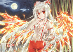 Rule 34 | 1girl, bamboo, bamboo forest, bow, breasts, cleavage, collarbone, collared shirt, dress shirt, fiery wings, floating hair, forest, fujiwara minaho, fujiwara no mokou, full moon, hair between eyes, hair bow, hand in own hair, hand in pocket, long hair, long sleeves, looking at viewer, marker (medium), medium breasts, moon, nature, night, outdoors, pants, red eyes, red pants, shirt, silver hair, smile, solo, suspenders, torn clothes, torn shirt, touhou, traditional media, very long hair, white bow, white shirt, wing collar