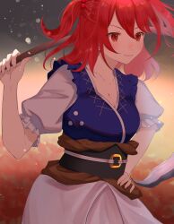 Rule 34 | 1girl, breasts, cleavage, closed mouth, coin, commentary, hair bobbles, hair ornament, hand on own hip, highres, holding, holding scythe, medium breasts, multicolored background, onozuka komachi, red eyes, red hair, sash, scythe, short sleeves, smile, solo, touhou, two side up, umeko 81