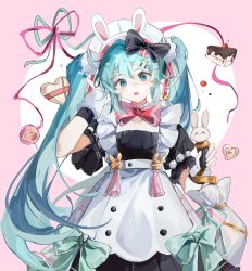 Rule 34 | 1girl, :o, absurdres, animal ears, apron, aqua bow, aqua eyes, aqua hair, black dress, bow, bowtie, box, cake, cake slice, candy, collarbone, commentary, cowboy shot, detached collar, dress, dress bow, fake animal ears, flower, food, gift bag, hair between eyes, hair bow, hair flower, hair ornament, hairclip, hand up, hatsune miku, heart, heart-shaped box, highres, holding, lollipop, looking at viewer, maid, maid apron, maid headdress, open mouth, pink background, pink ribbon, rabbit ears, red bow, red bowtie, ribbon, signature, solo, standing, straight-on, striped, striped bow, symbol-only commentary, twintails, two-tone background, vocaloid, waist apron, white apron, white headwear, wristband, wu dong xiang