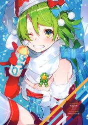 Rule 34 | 1girl, absurdres, bare shoulders, blue bow, blush, bottle, bow, breasts, christmas, cleavage, elbow gloves, fur-trimmed sleeves, fur trim, gloves, green hair, grin, hair bow, hair ornament, hat, highres, holding, holding bottle, large breasts, looking at viewer, mika pikazo, one eye closed, original, red gloves, red thighhighs, scarf, short hair, smile, solo, thighhighs, upper body, white scarf, yellow eyes