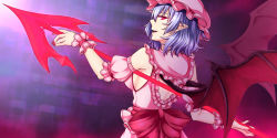 Rule 34 | 1girl, abstract background, adapted costume, aged up, armpit peek, arms up, backless outfit, bat wings, blouse, blue hair, breasts, detached sleeves, fangs, fingernails, from behind, glowing, glowing eyes, gradient background, hair between eyes, hat, highres, holding, holding polearm, holding spear, holding weapon, looking at viewer, looking back, medium breasts, mob cap, nail polish, parted lips, pink shirt, pink skirt, pointy ears, polearm, puffy short sleeves, puffy sleeves, purple background, red nails, remilia scarlet, sash, sharp fingernails, shirt, short hair, short sleeves, sideboob, skirt, skirt set, slit pupils, solo, spear, spear the gungnir, touhou, upper body, weapon, wings, wrist cuffs, zellam