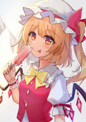 Rule 34 | 1girl, :p, absurdres, blonde hair, breasts, crystal, diving penguin, dripping, flandre scarlet, food, grey background, hat, highres, holding, holding food, looking at viewer, medium breasts, melting, mob cap, one side up, popsicle, red eyes, red vest, short sleeves, sidelighting, solo, tongue, tongue out, touhou, upper body, vest, white hat, wings, wrist cuffs