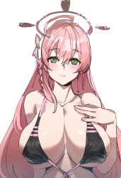 Rule 34 | 1girl, ahoge, bikini, black bikini, blue archive, blush, bow, bow (bhp), braid, breasts, cleavage, closed mouth, collarbone, green eyes, hair between eyes, hair bow, halo, hanako (blue archive), hand on own chest, heart, heart in eye, huge breasts, long hair, looking at viewer, pink hair, side braid, smile, solo, swimsuit, symbol in eye, upper body, white bow