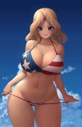 Rule 34 | 1girl, :d, absurdres, american flag bikini, bare arms, bare shoulders, bikini, bikini pull, blonde hair, blue eyes, blue sky, breasts, cleavage, clothes pull, collarbone, cowboy shot, curvy, day, flag print, girls und panzer, grabbing another&#039;s hair, grin, groin, highres, huge breasts, kay (girls und panzer), looking at viewer, makino momiji (artist), navel, open mouth, outdoors, parted bangs, parted lips, sky, smile, solo, star (symbol), stomach, swimsuit, thick thighs, thigh gap, thighs, wide hips