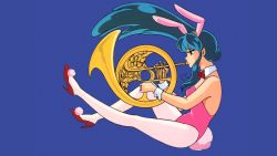 Rule 34 | 1980s (style), 1girl, animal ears, aqua hair, blue background, bow, bowtie, cone horns, detached collar, fake animal ears, fake tail, floating hair, full body, high heels, highres, holding, holding instrument, horns, instrument, leotard, long hair, lum, music, official art, oldschool, oni, pantyhose, pink leotard, playboy bunny, playing instrument, pom pom (clothes), profile, rabbit ears, rabbit tail, red footwear, retro artstyle, simple background, solo, strapless, strapless leotard, tail, trumpet, urusei yatsura, white pantyhose, wrist cuffs