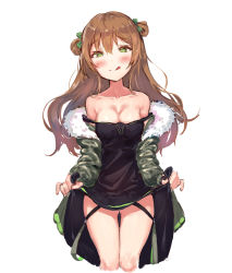 Rule 34 | 1girl, :q, aak, bad id, bad pixiv id, bare shoulders, black dress, blush, bow, breasts, brown hair, camouflage, camouflage jacket, cleavage, closed mouth, clothes lift, collarbone, dress, dress lift, fur-trimmed jacket, fur trim, girls&#039; frontline, gluteal fold, green bow, green eyes, green jacket, hair between eyes, hair bow, head tilt, highres, jacket, lifted by self, long hair, long sleeves, looking at viewer, medium breasts, rfb (girls&#039; frontline), simple background, sketch, skirt hold, sleeveless, sleeveless dress, smile, solo, strap slip, thigh gap, tongue, tongue out, two side up, very long hair, white background