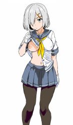 Rule 34 | blouse, blue eyes, breasts, clothes lift, eronata, flashing, gloves, hair ornament, hair over one eye, hairclip, hamakaze (kancolle), kantai collection, large breasts, navel, nipples, no bra, one breast out, open clothes, open shirt, oppai challenge, pantyhose, pleated skirt, school uniform, serafuku, shirt lift, short hair, silver hair, skirt, stomach, white gloves