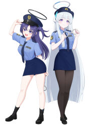 Rule 34 | 2girls, black footwear, black halo, black pantyhose, blue archive, blue eyes, blue hair, blue headwear, blue necktie, blue shirt, blue skirt, boncha, closed mouth, commentary request, cuffs, halo, handcuffs, hat, highres, holding, holding clothes, holding handcuffs, holding hat, long hair, mechanical halo, miniskirt, multiple girls, necktie, noa (blue archive), open mouth, pantyhose, parted bangs, police, police hat, police uniform, policewoman, purple eyes, shirt, simple background, skirt, smile, standing, teeth, two side up, uniform, upper teeth only, very long hair, white background, white hair, white halo, yuuka (blue archive)